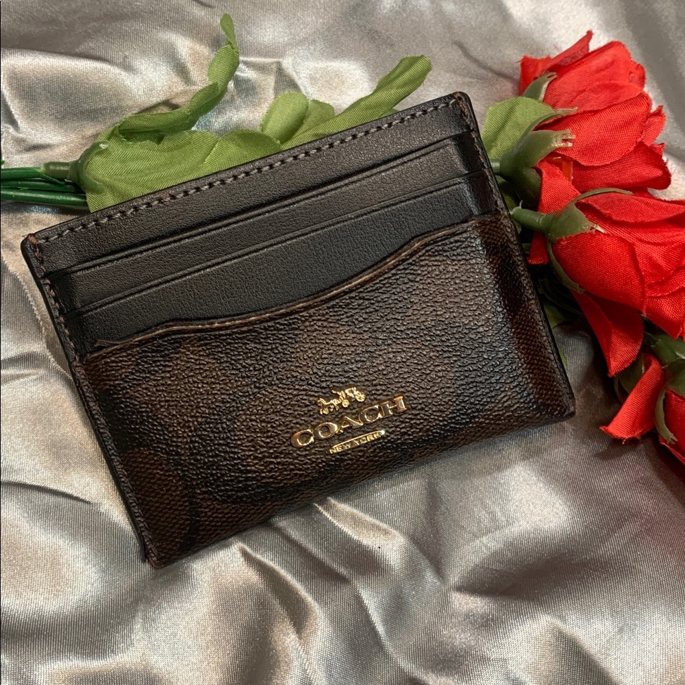 🌹Coach SIGNATURE Black & Brown Leather Card Holder with Gold Logo